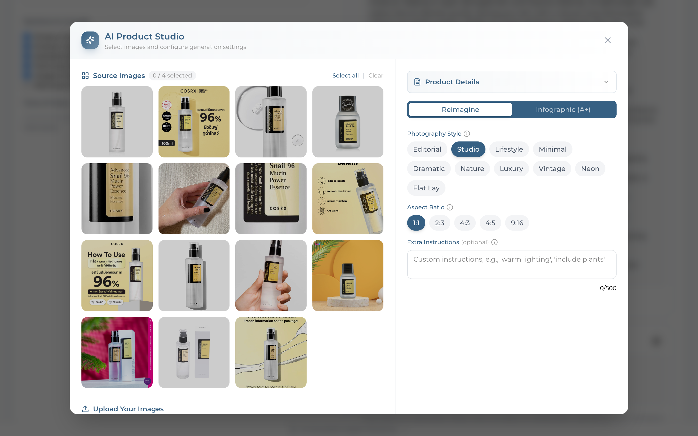 Reimagine tab with photography styles and aspect ratios