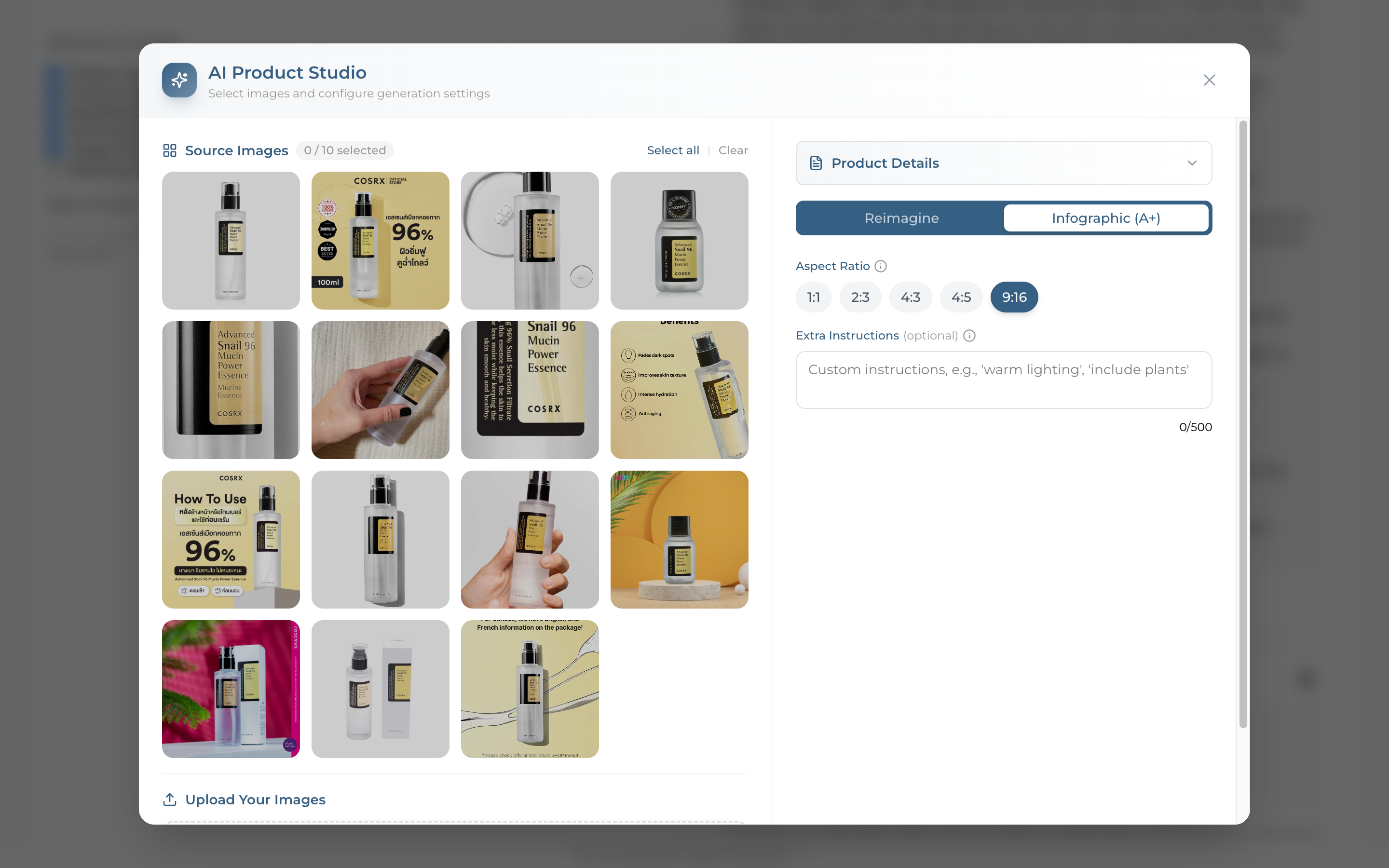 Infographic A+ tab with aspect ratio options