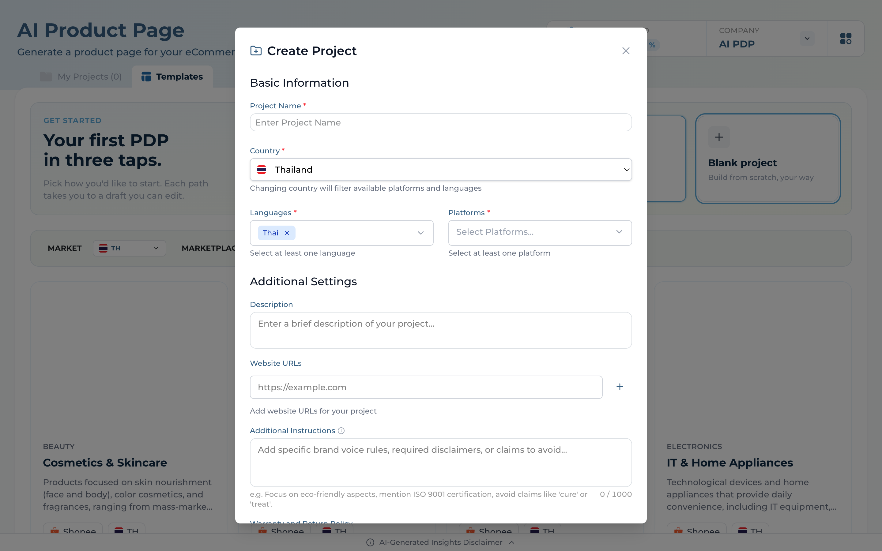 Create Project form with required fields: Name, Country, Languages, Platforms