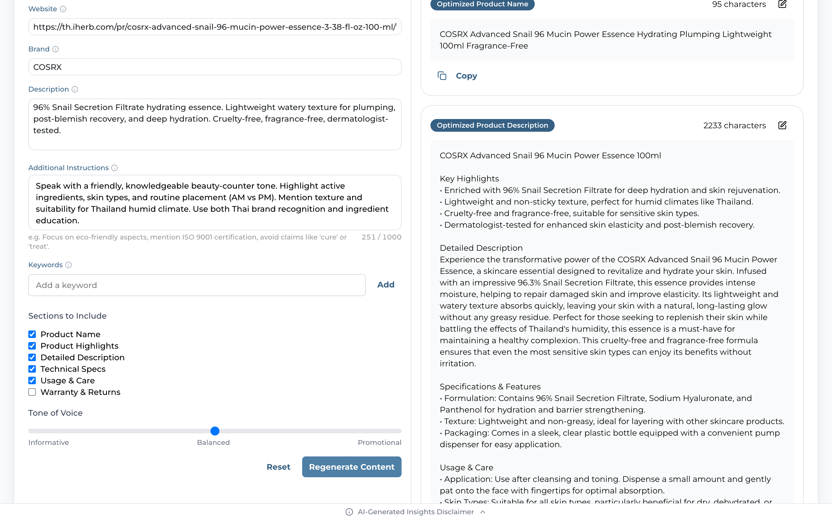 Generated content with Optimized Name and Description